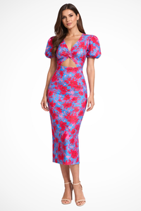 Blue & Red Puff Sleeve Midi Dress for Women UK – Wedding Guest Cocktail Dress & Formal Attire