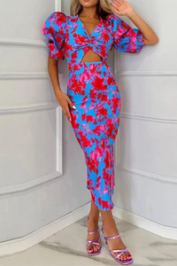 Blue & Red Puff Sleeve Midi Dress for Women UK – Wedding Guest Cocktail Dress & Formal Attire