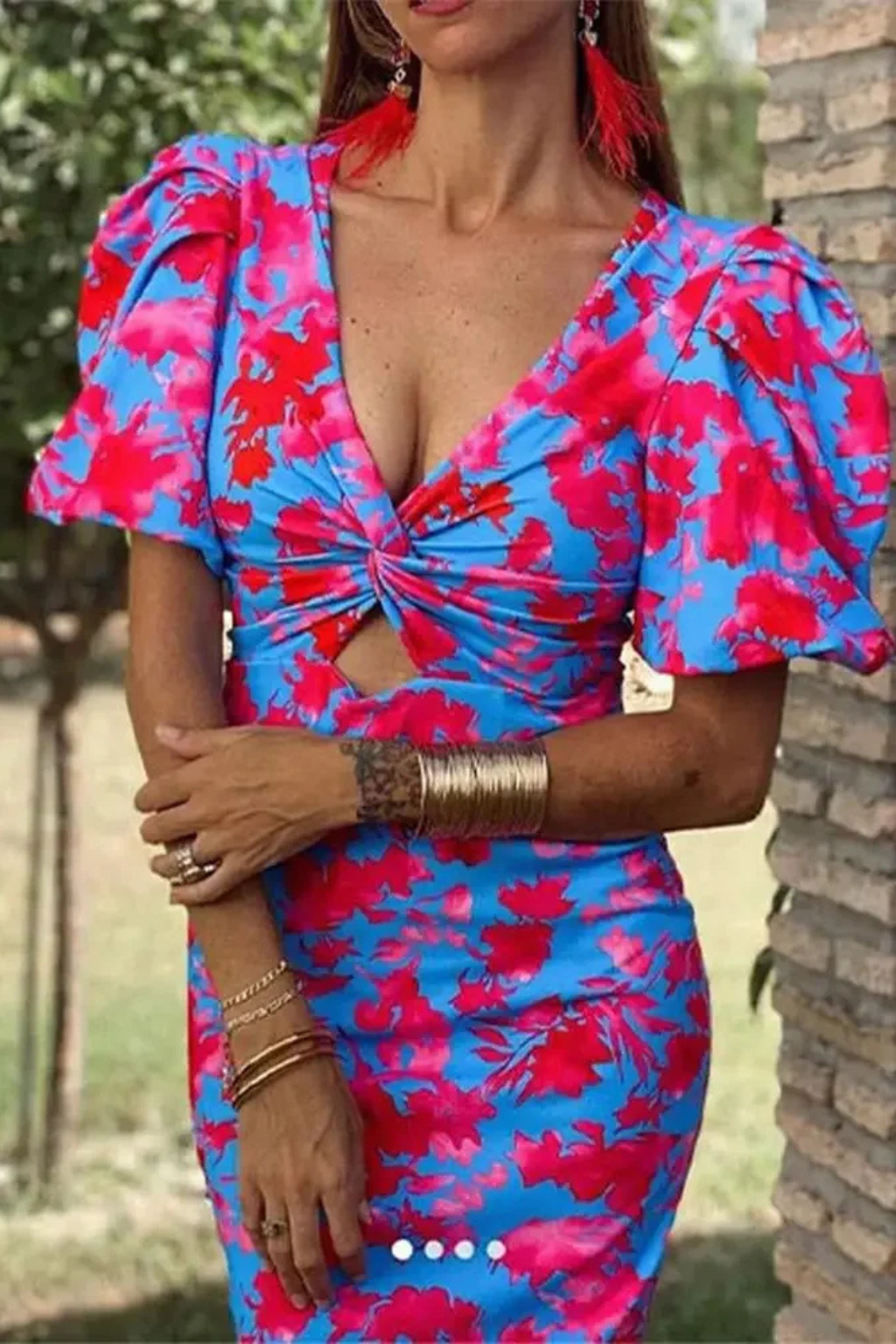 Blue & Red Puff Sleeve Midi Dress for Women UK – Wedding Guest Cocktail Dress & Formal Attire