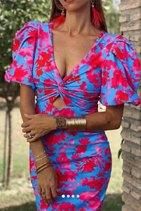 Blue & Red Puff Sleeve Midi Dress for Women UK – Wedding Guest Cocktail Dress & Formal Attire