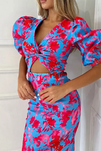 Blue & Red Puff Sleeve Midi Dress for Women UK – Wedding Guest Cocktail Dress & Formal Attire