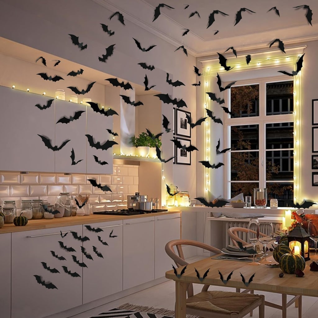 3D Wall Decorative Stickers in the Shape of Bats for Halloween with Foldable Wings, Ideal for Kids' Rooms and Bathrooms