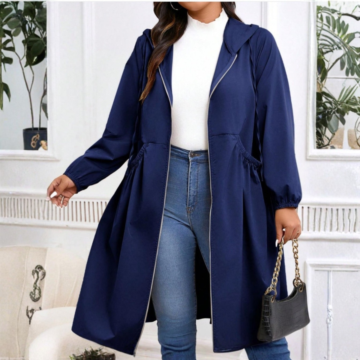 Casual Plus Size Hooded Coat with Drawstring and Zip-Up – Everyday Wear, Outdoor Activities