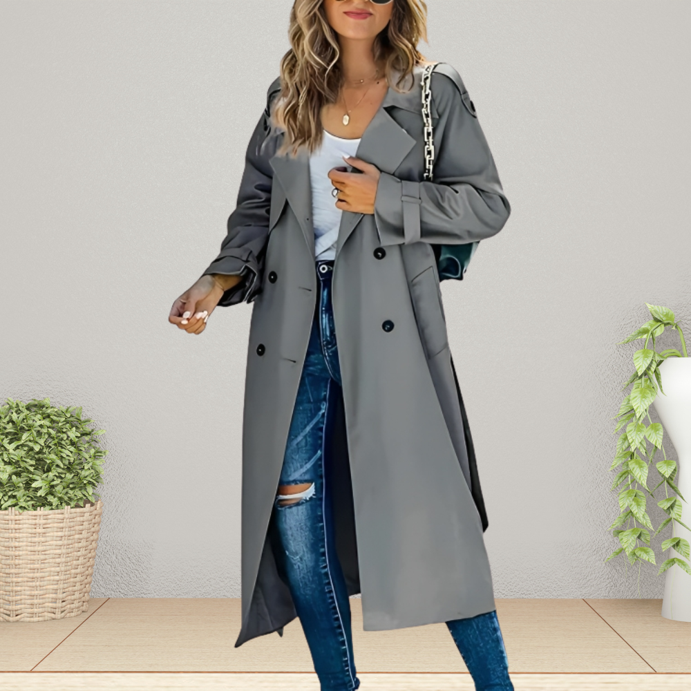 Women's Double-Breasted Trench Coat with Notched Collar – Office, Casual