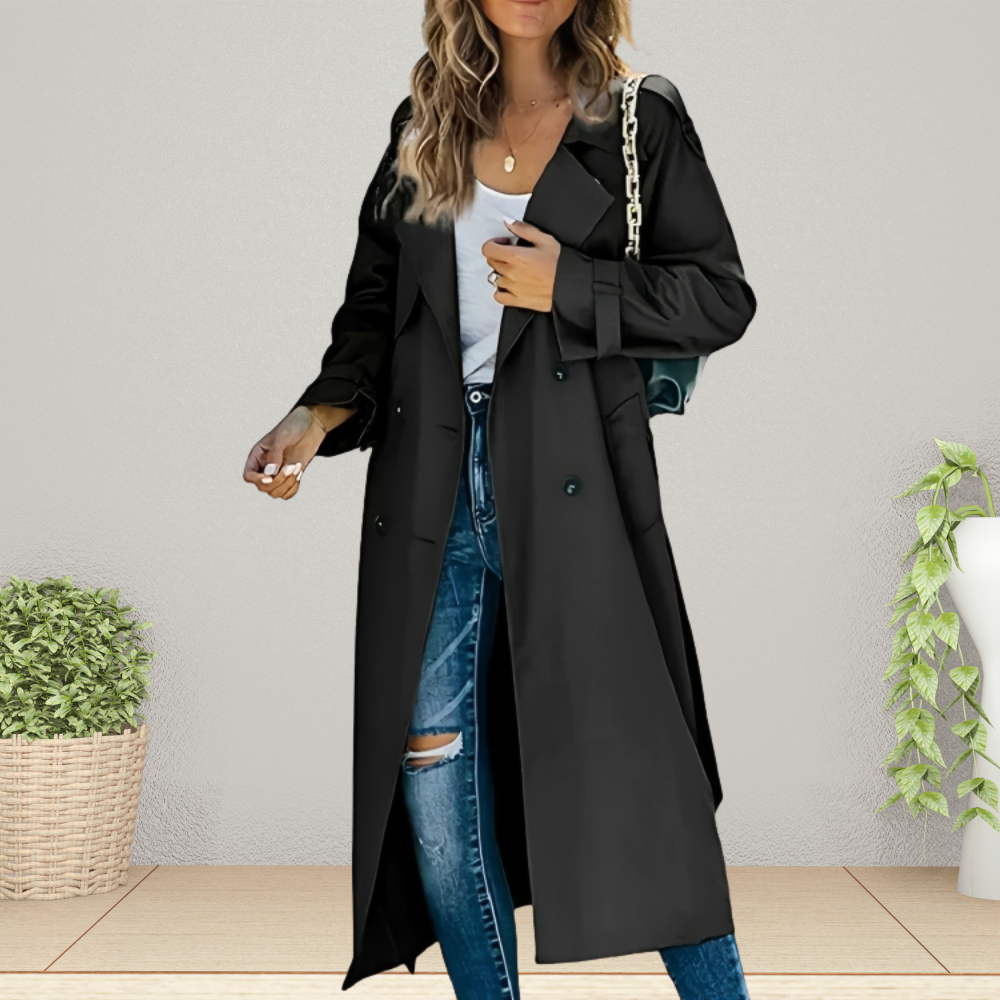 Women's Double-Breasted Trench Coat with Notched Collar – Office, Casual