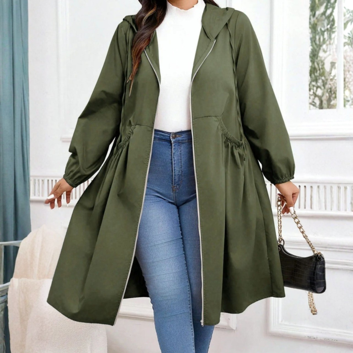 Casual Plus Size Hooded Coat with Drawstring and Zip-Up – Everyday Wear, Outdoor Activities