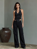 All-Black Women's Co-Ord Set - Asymmetric Halter Top & Wide-Leg Cargo Pants