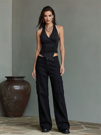 All-Black Women's Co-Ord Set - Asymmetric Halter Top & Wide-Leg Cargo Pants
