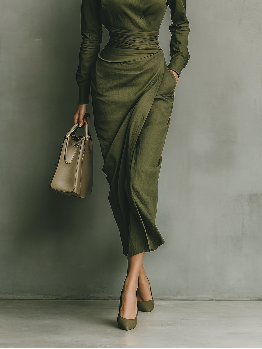 Army Green Cotton Blend Maxi Dress for Women - Casual Summer Wear