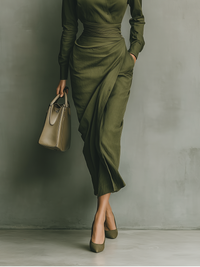 Army Green Cotton Blend Maxi Dress for Women - Casual Summer Wear