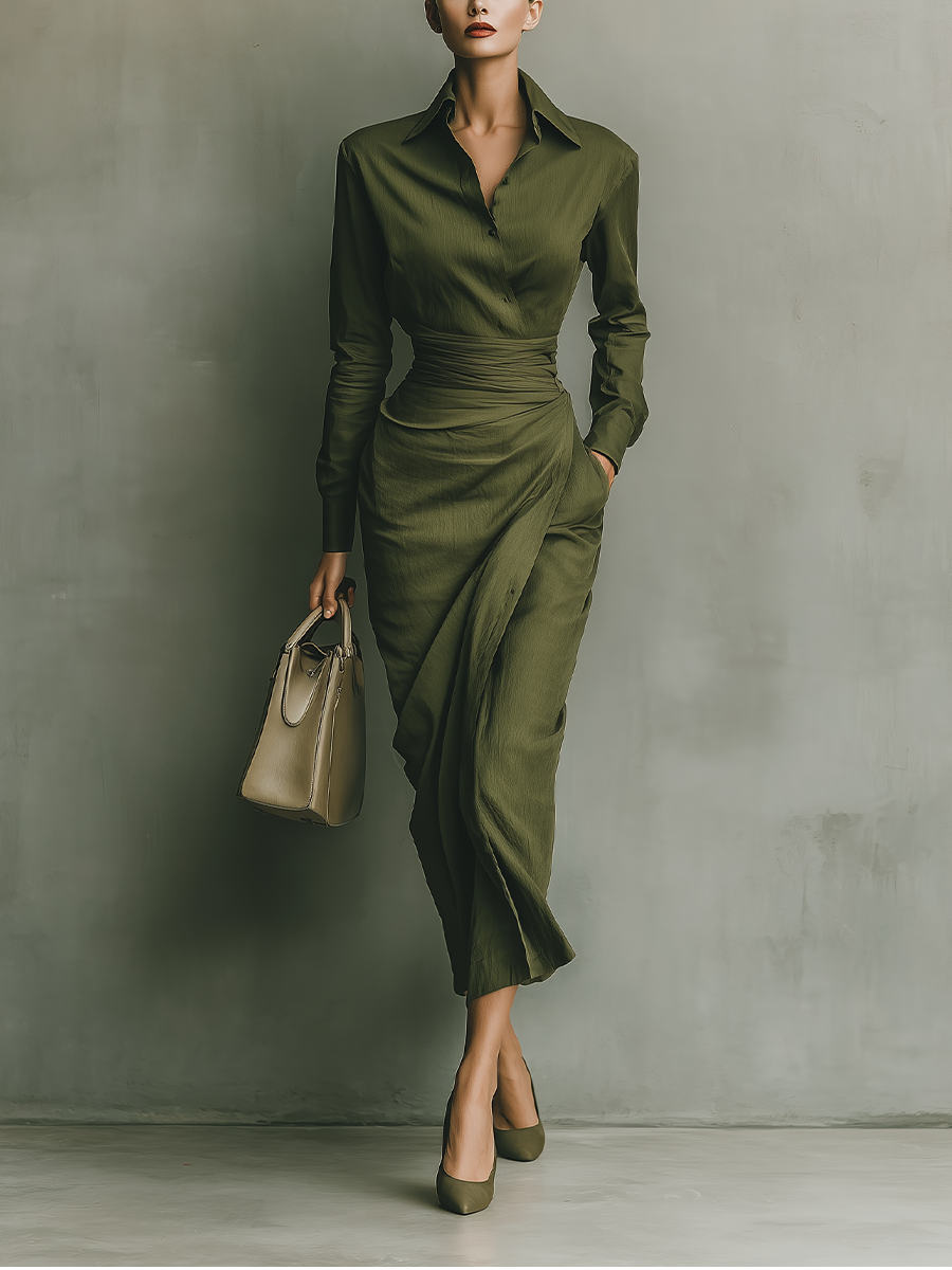 Army Green Cotton Blend Maxi Dress for Women - Casual Summer Wear