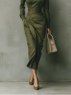 Army Green Cotton Blended Maxi Dress Women UK – Wedding Guest Garden Party Evening Gown, Cocktail