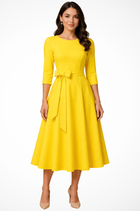 Bateau Neck Pleated A-Line Midi Dress for Women - Wedding Guest Attire