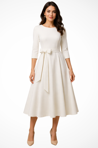 Bateau Neck Pleated A-Line Midi Dress for Women - Wedding Guest Attire