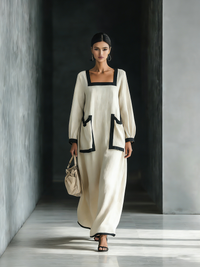 Beige Cotton-Linen Maxi Dress with Square Neck and Oversized Pockets