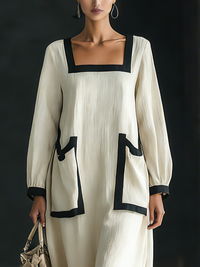 Beige Cotton-Linen Maxi Dress with Square Neck and Oversized Pockets