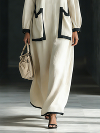 Beige Cotton-Linen Maxi Dress with Square Neck and Oversized Pockets