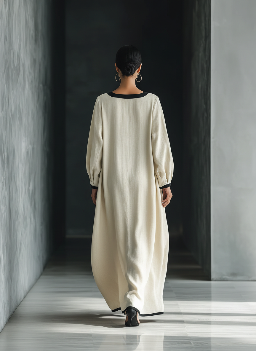 Beige Cotton-Linen Maxi Dress with Square Neck and Oversized Pockets