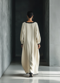 Beige Cotton-Linen Maxi Dress with Square Neck and Oversized Pockets