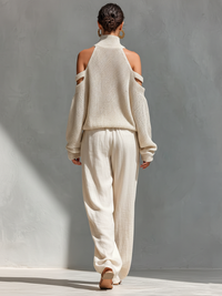 Beige Knit Cold-Shoulder Turtleneck Top and Wide-Leg Pants Set for Women