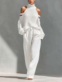 Beige Knit Cold-Shoulder Turtleneck Top and Wide-Leg Pants Set for Women