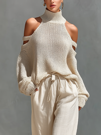 Beige Knit Cold-Shoulder Turtleneck Top and Wide-Leg Pants Set for Women