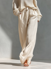 Beige Knit Cold-Shoulder Turtleneck Top and Wide-Leg Pants Set for Women