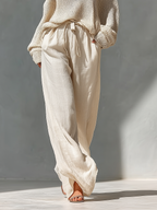 Beige Knit Cold-Shoulder Turtleneck Top and Wide-Leg Pants Set for Women