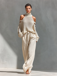 Beige Knit Cold-Shoulder Turtleneck Top and Wide-Leg Pants Set for Women