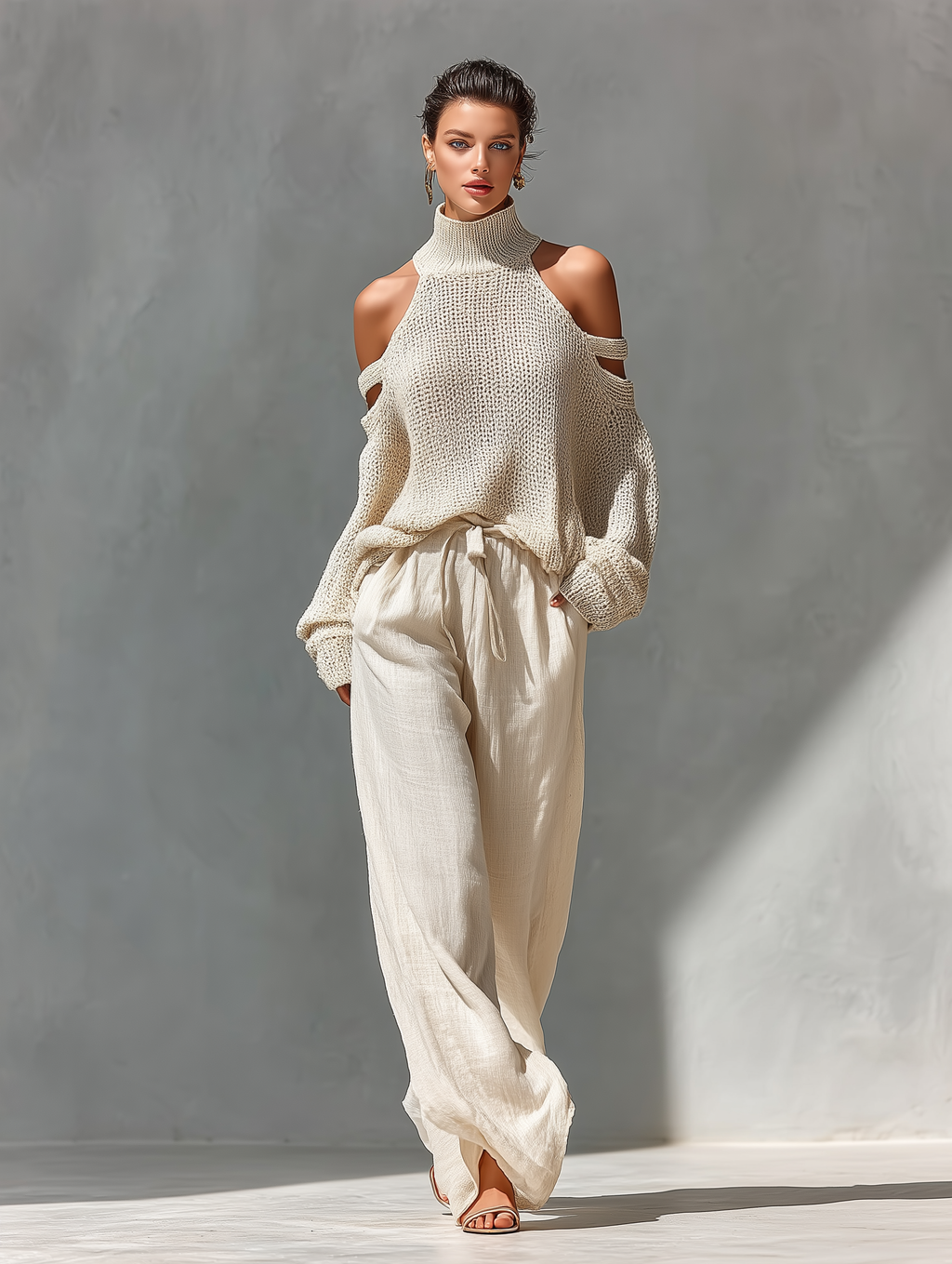 Beige Knit Cold-Shoulder Turtleneck Top and Wide-Leg Pants Set for Women