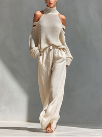 Beige Knit Cold-Shoulder Turtleneck Top and Wide-Leg Pants Set for Women