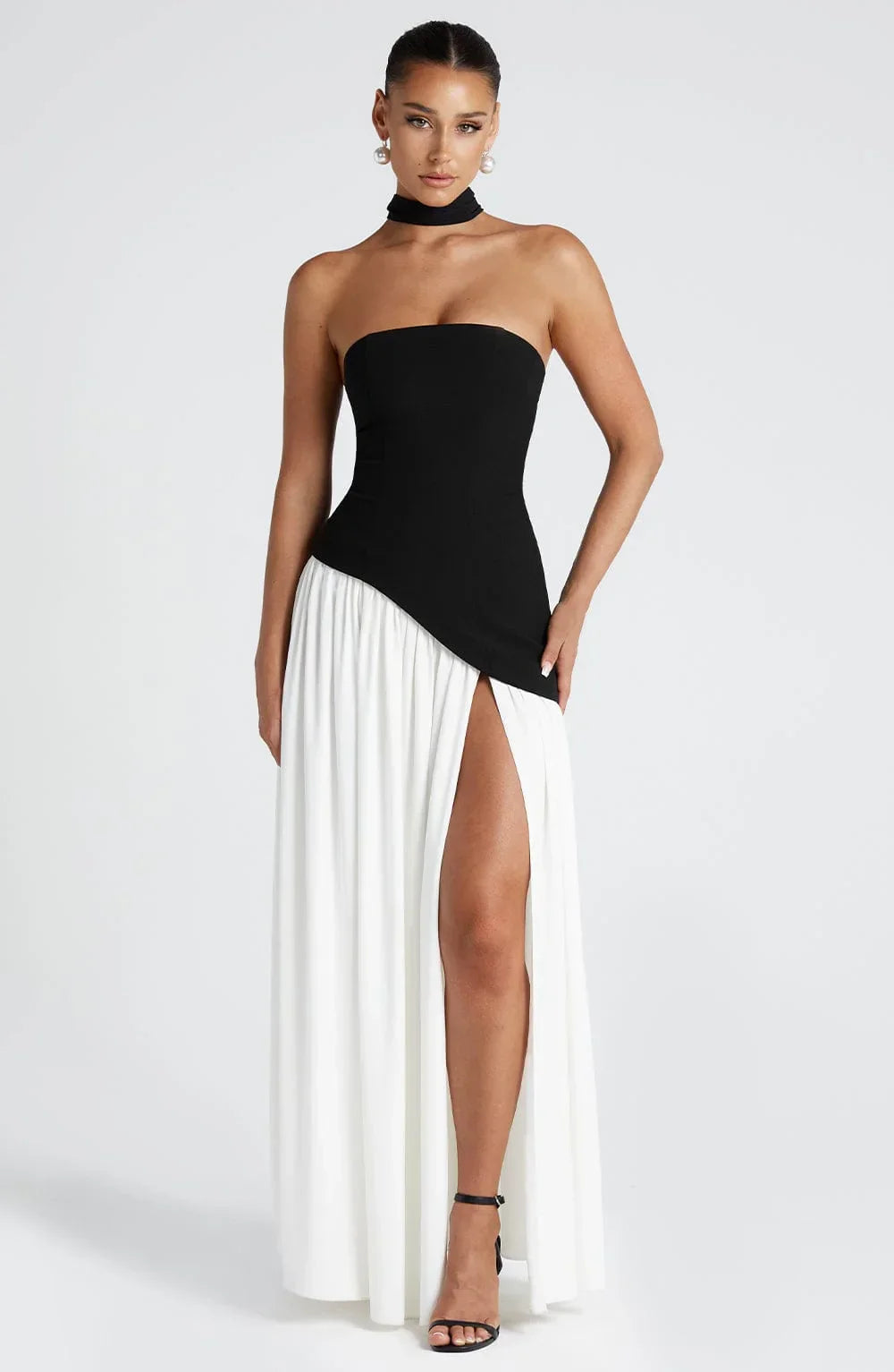 Black Corset Bustier Dress with Scarf Detail Women UK – Wedding Guest Garden Party Evening Gown, Cocktail