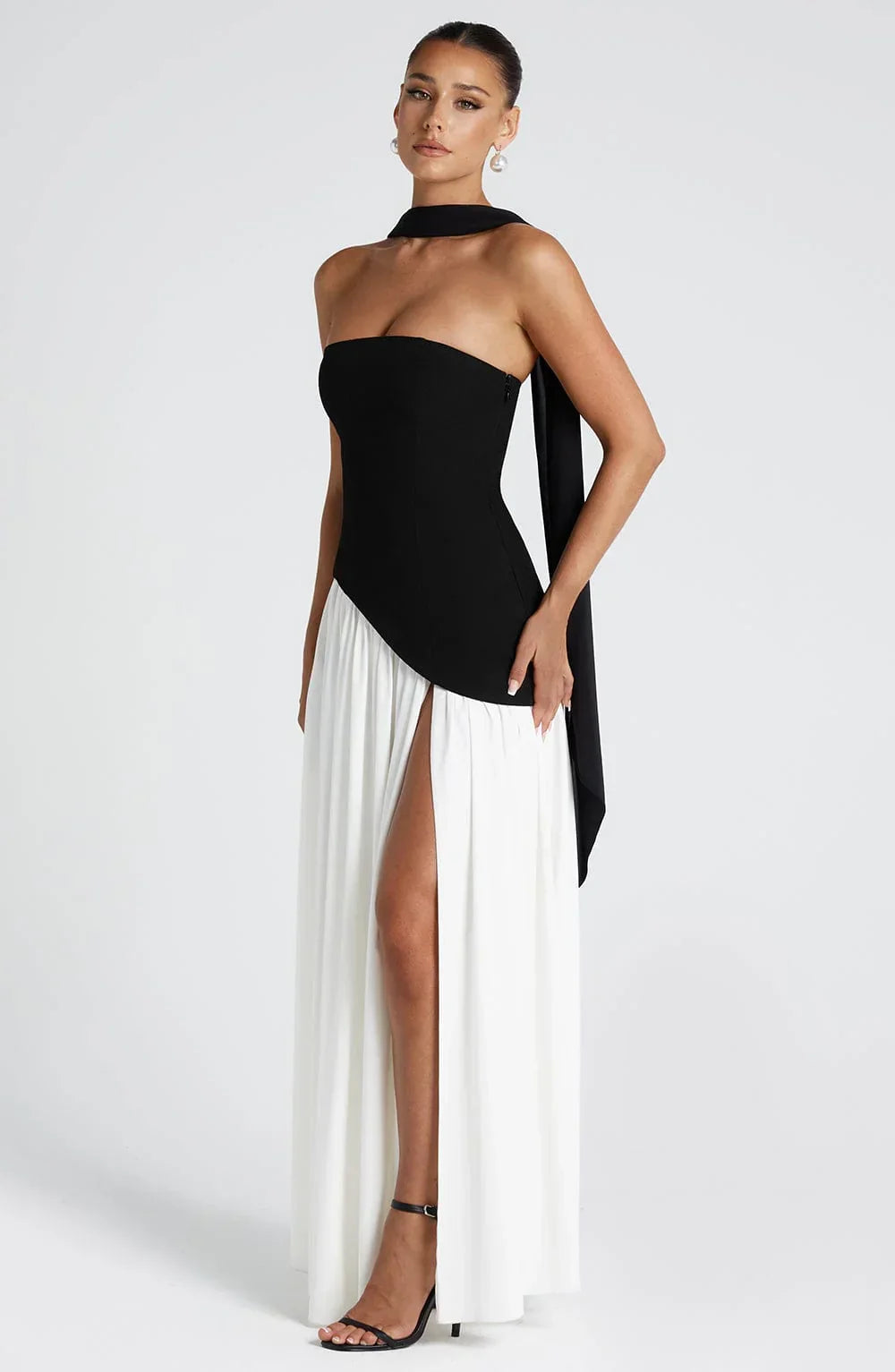 Black Corset Bustier Dress with Scarf Detail Women UK – Wedding Guest Garden Party Evening Gown, Cocktail
