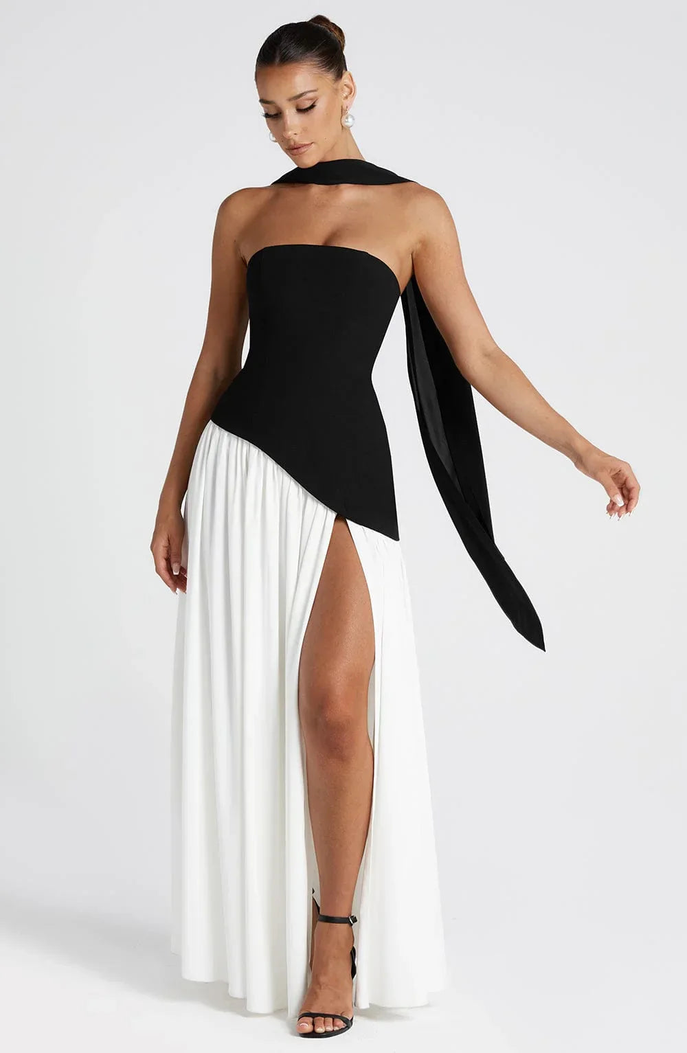 Black Corset Bustier Dress with Scarf Detail Women UK – Wedding Guest Garden Party Evening Gown, Cocktail