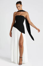 Black Corset Bustier Dress with Scarf Detail Women UK – Wedding Guest Garden Party Evening Gown, Cocktail