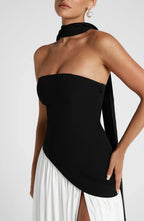Black Corset Bustier Dress with Scarf Detail Women UK – Wedding Guest Garden Party Evening Gown, Cocktail