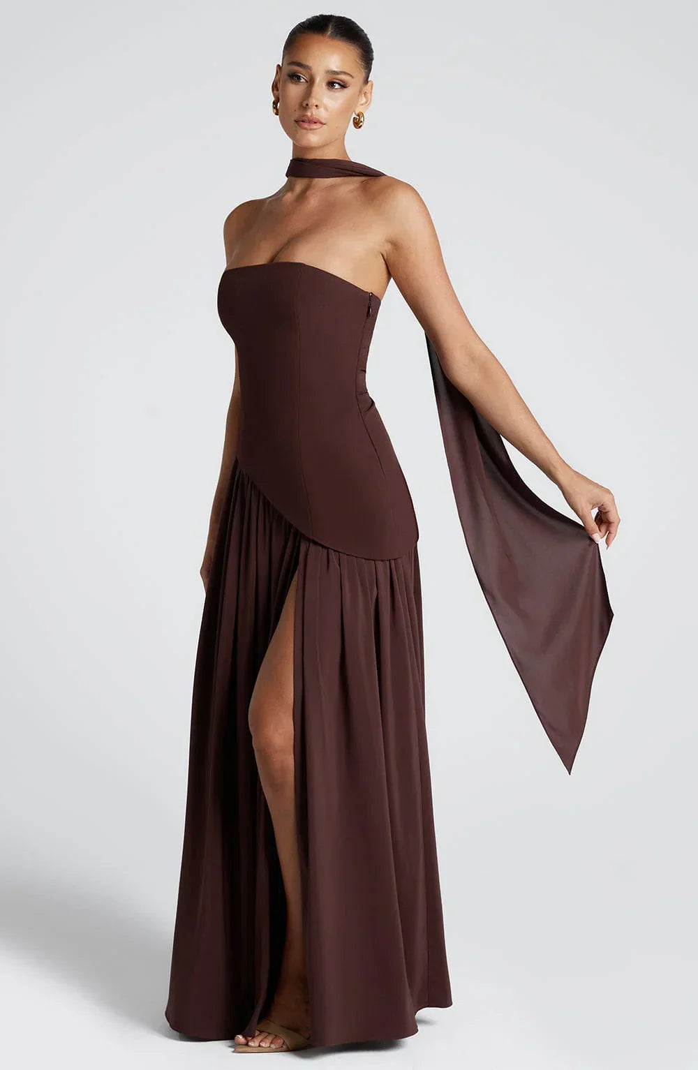 Black Corset Bustier Dress with Scarf Detail Women UK – Wedding Guest Garden Party Evening Gown, Cocktail