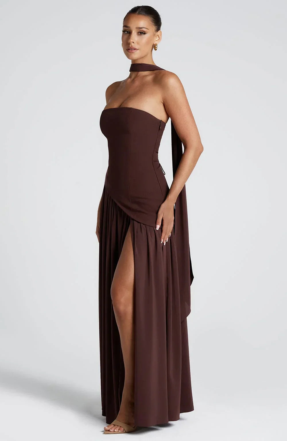 Black Corset Bustier Dress with Scarf Detail Women UK – Wedding Guest Garden Party Evening Gown, Cocktail
