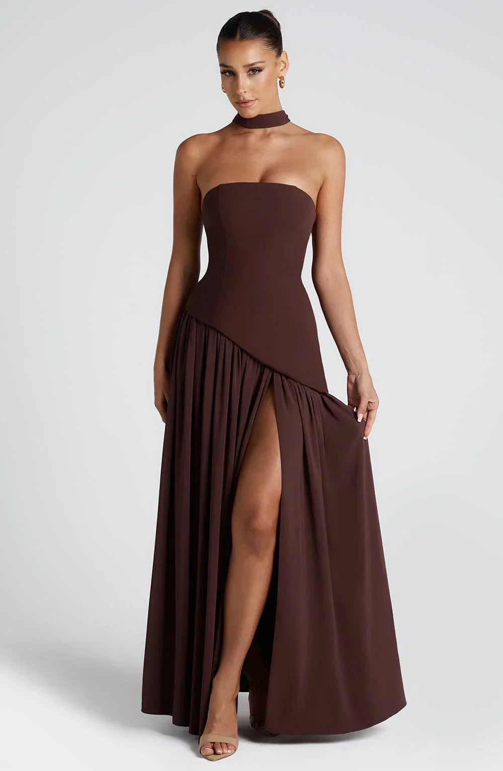 Black Corset Bustier Dress with Scarf Detail Women UK – Wedding Guest Garden Party Evening Gown, Cocktail