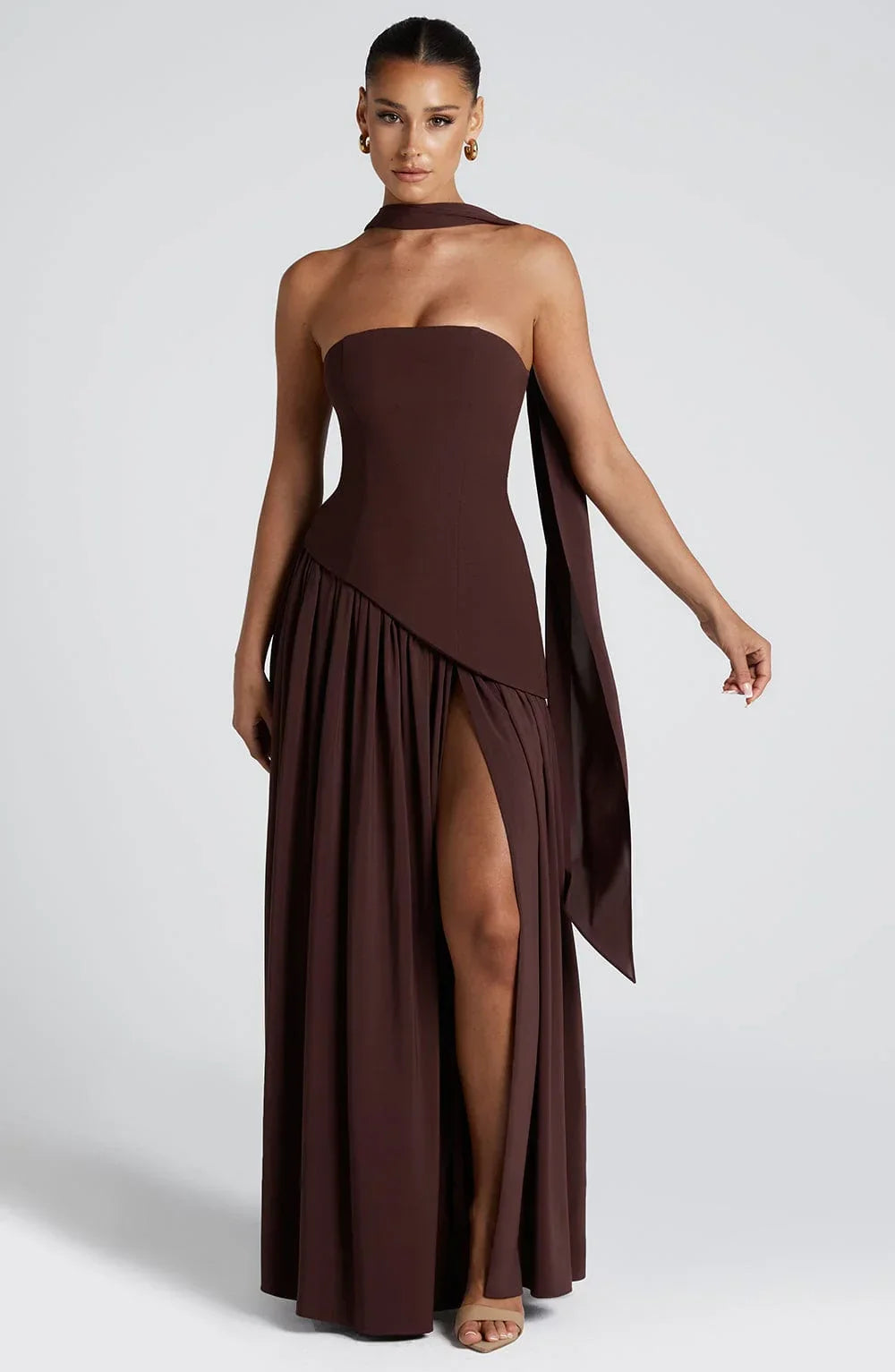 Black Corset Bustier Dress with Scarf Detail Women UK – Wedding Guest Garden Party Evening Gown, Cocktail