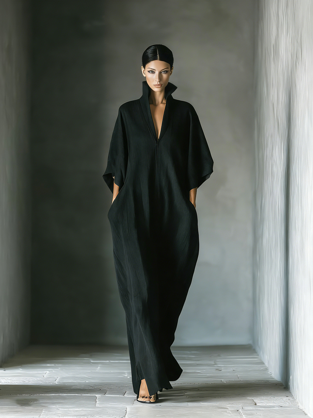 Black Cotton Blend Oversized Kimono-Sleeve Maxi Dress with Pockets for Women