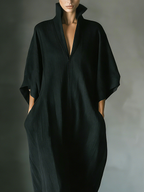 Black Cotton Blend Oversized Kimono-Sleeve Maxi Dress with Pockets for Women