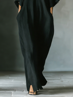 Black Cotton Blend Oversized Kimono-Sleeve Maxi Dress with Pockets for Women