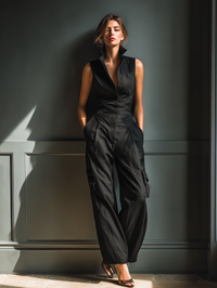 Black Cotton-Linen Blend Sleeveless Collared Jumpsuit with Cargo Pockets
