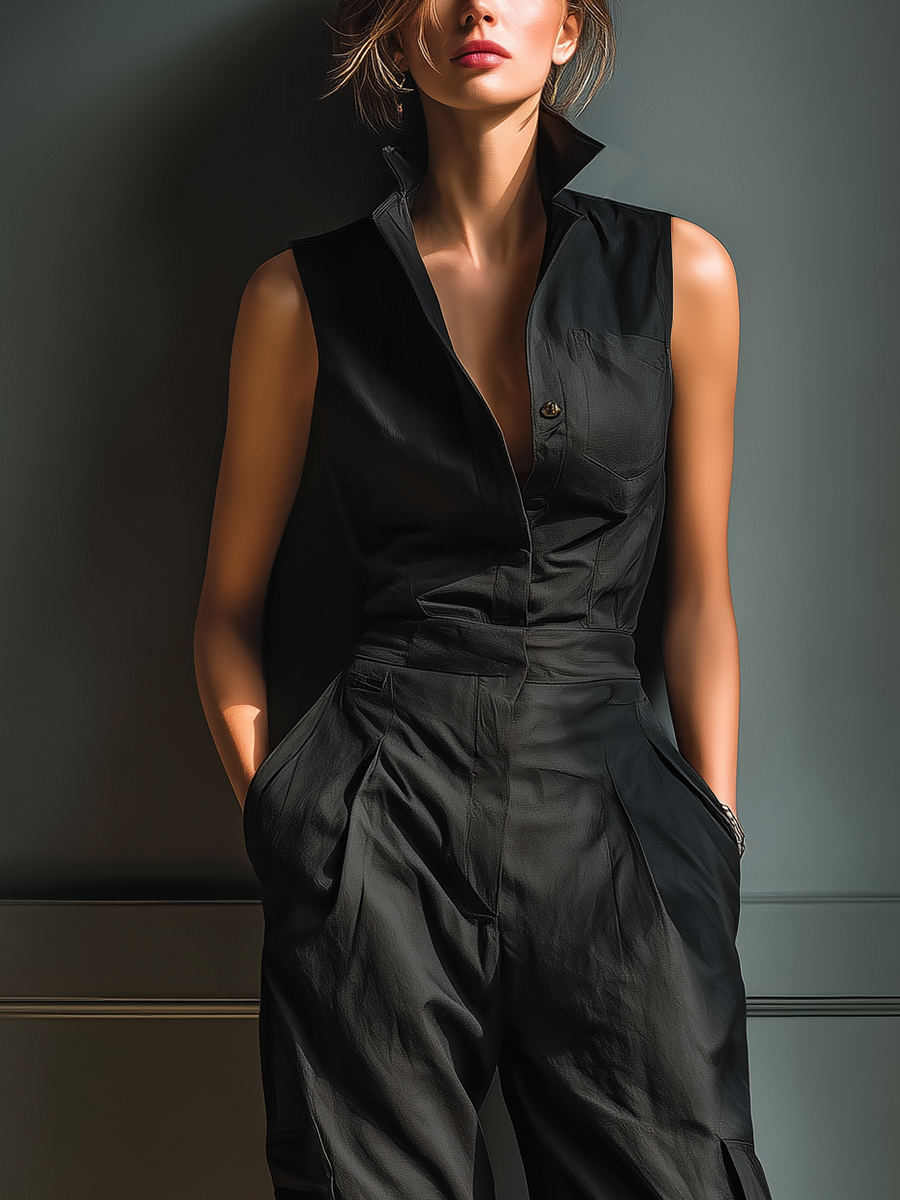 Black Cotton-Linen Blend Sleeveless Collared Jumpsuit with Cargo Pockets