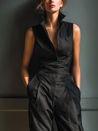 Black Cotton-Linen Blend Sleeveless Collared Jumpsuit with Cargo Pockets