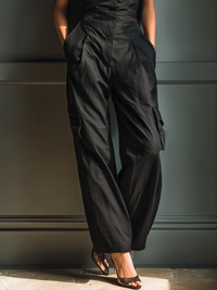 Black Cotton-Linen Blend Sleeveless Collared Jumpsuit with Cargo Pockets
