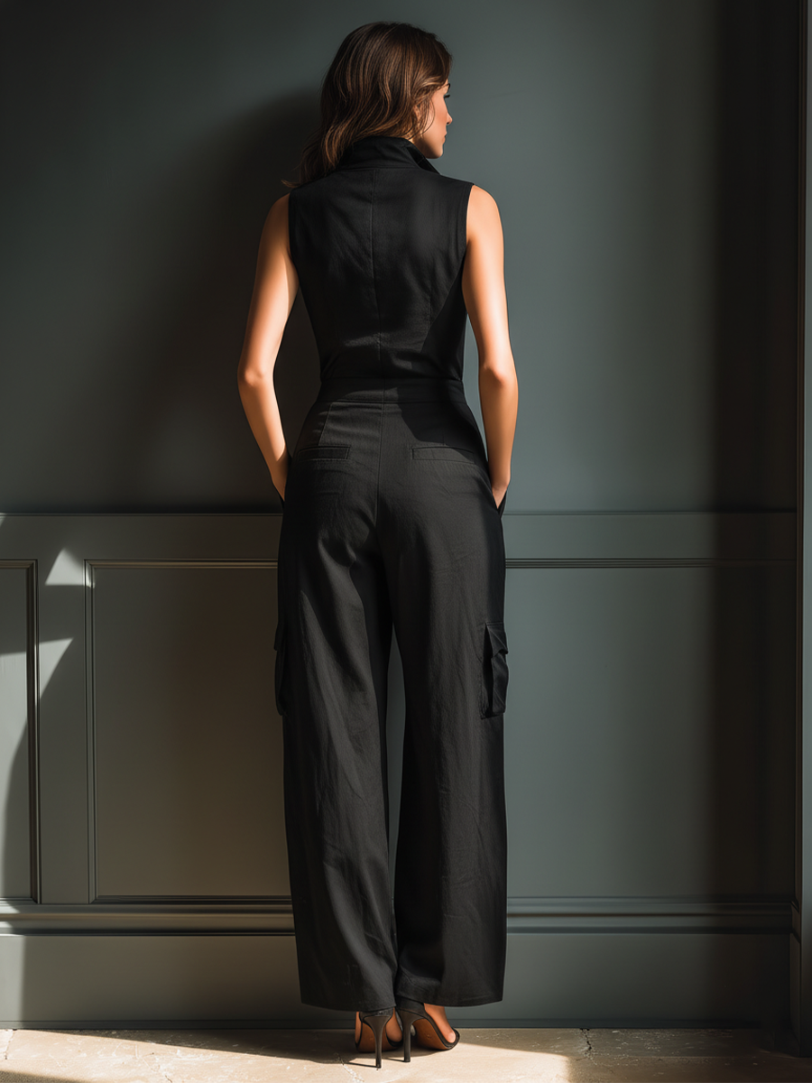 Black Cotton-Linen Blend Sleeveless Collared Jumpsuit with Cargo Pockets