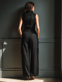 Black Cotton-Linen Blend Sleeveless Collared Jumpsuit with Cargo Pockets
