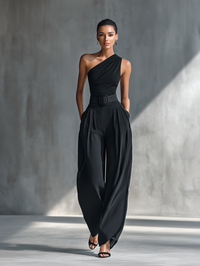 Black High-elastic Knit Top and Acetate Wide-leg Trousers Women UK – Smart Casual Holiday Outfit, Brunch